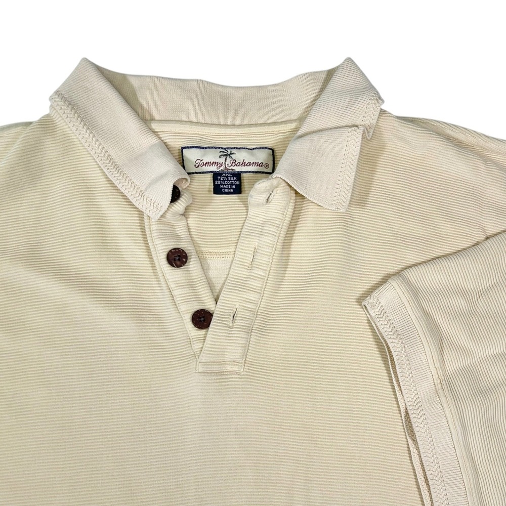 Tommy Bahama XXL Beige Silk Cotton Ribbed Polo Shirt Short Sleeve Coastal Resort